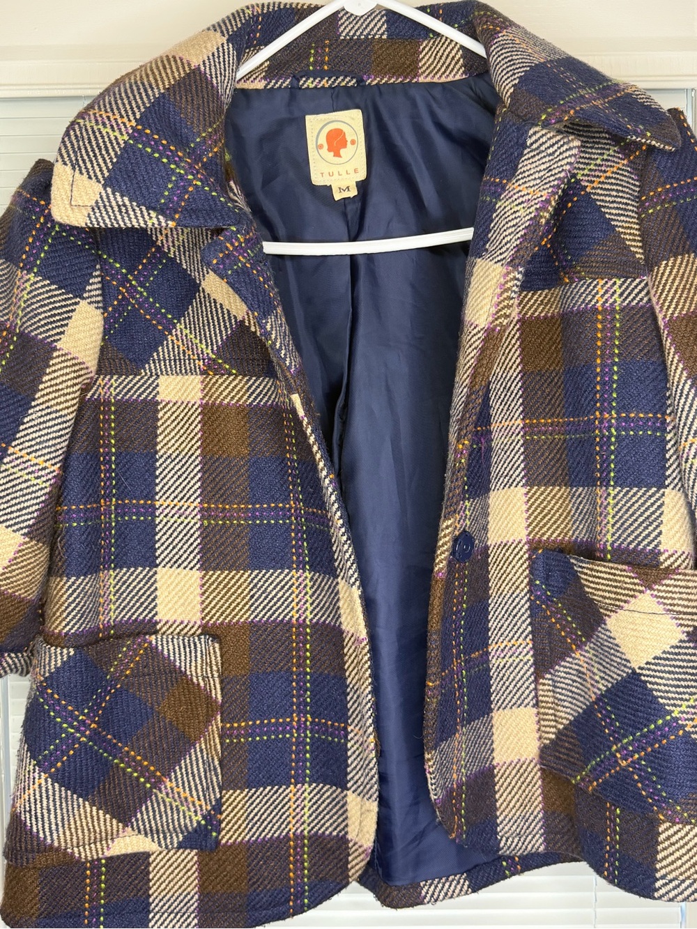 Tulle Navy, Cream & Brown Plaid Wool-Blend Pea Coat